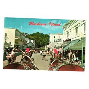 Mackinac Island Vintage Postcard Street Scene Horses Non-Motorized Vehicles MI